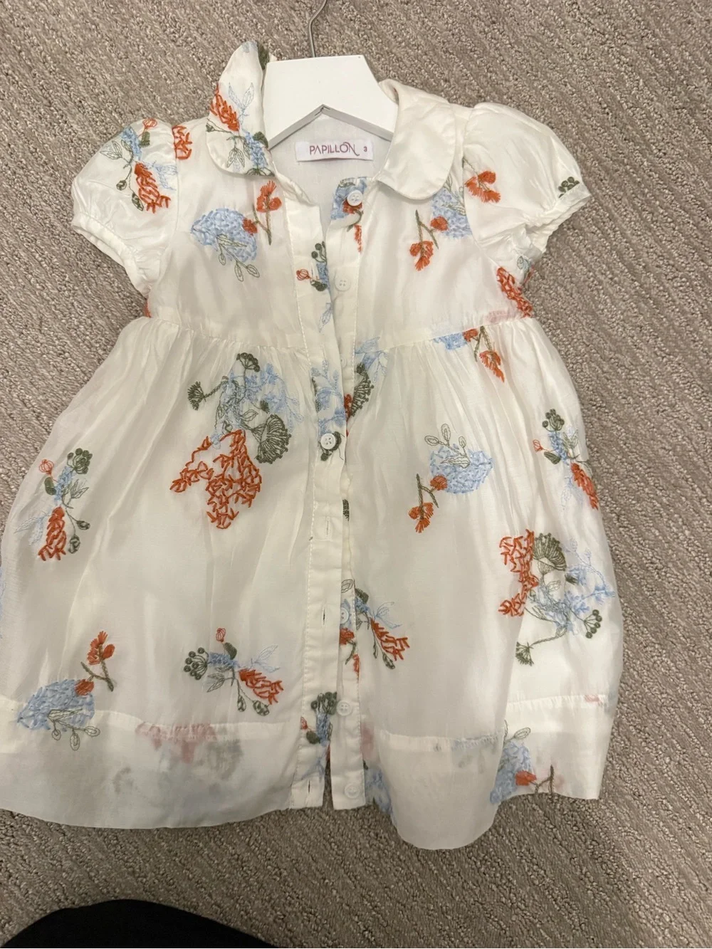 Papillon Blanc White Dress with Blue and Orange Floral Embroidery